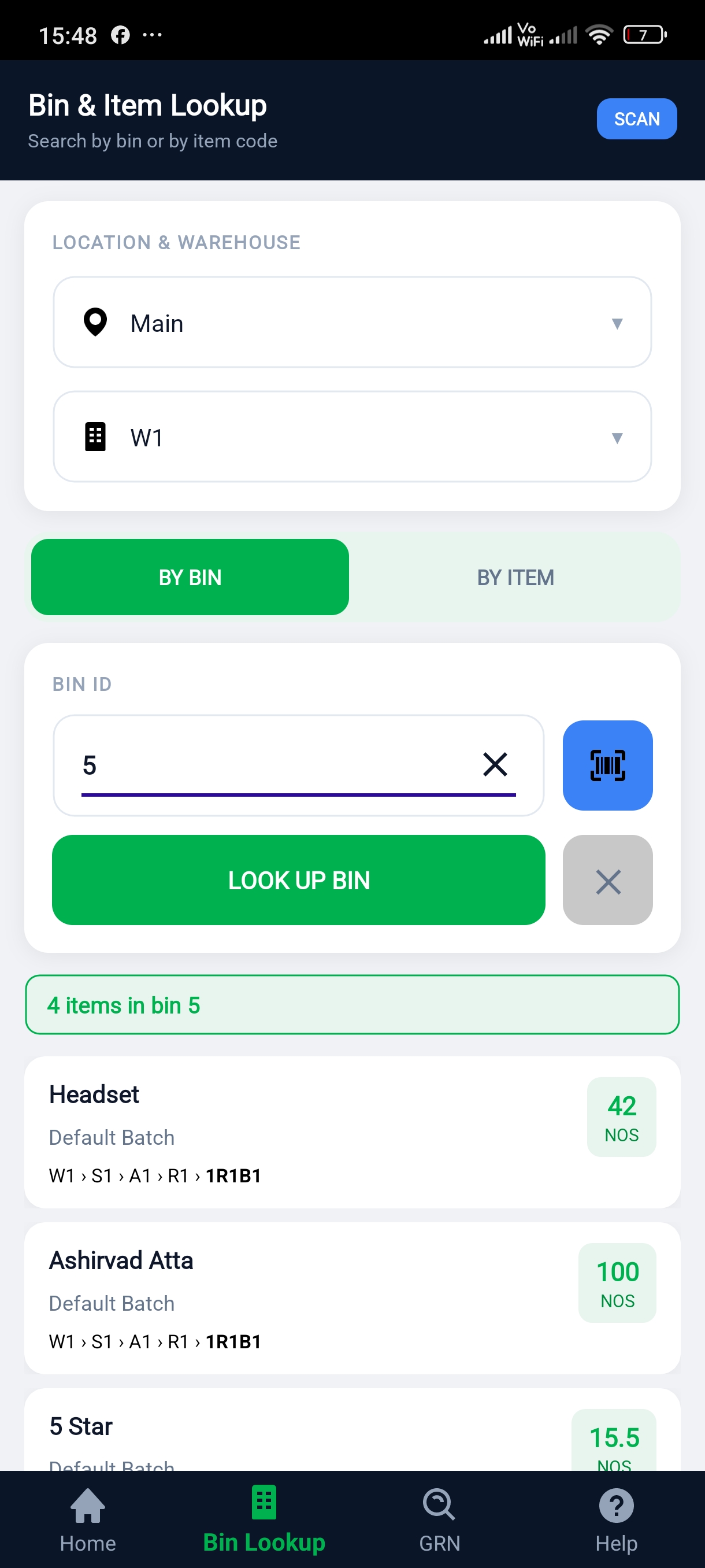 LEAD Warehouse app — bin lookup