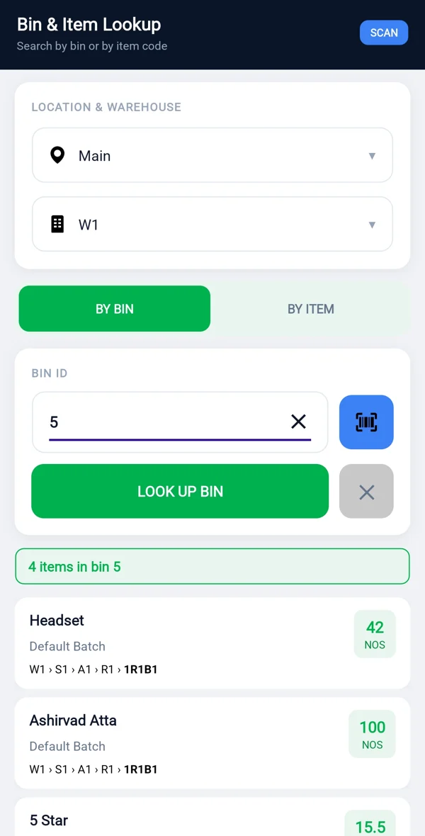 LEAD Warehouse app: bin and item lookup
